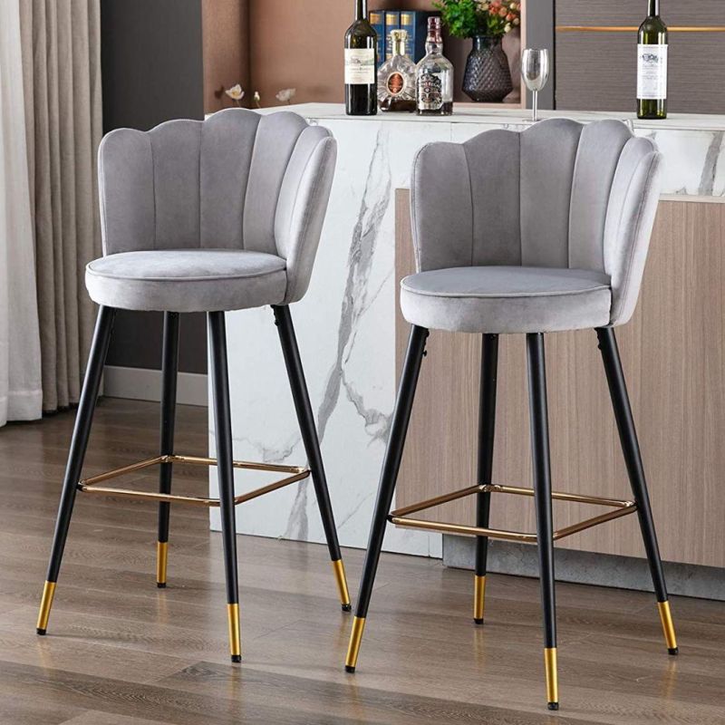 Upholstered Backrest Petal Design Metal Frame Golden Footrest Velvet Bar Stool for Breakfast Home Counter Kitchen