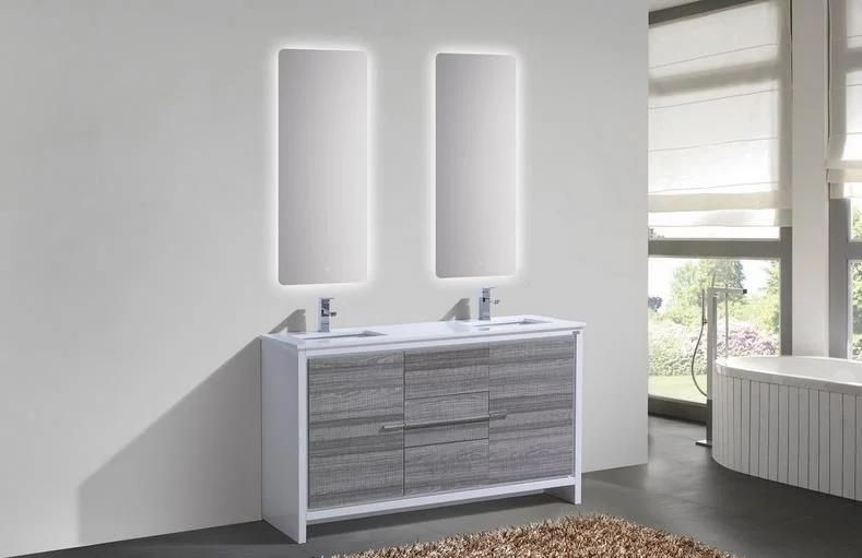 60 Inch Grey Floor Mounted MDF Double Sink Bathroom Vanity