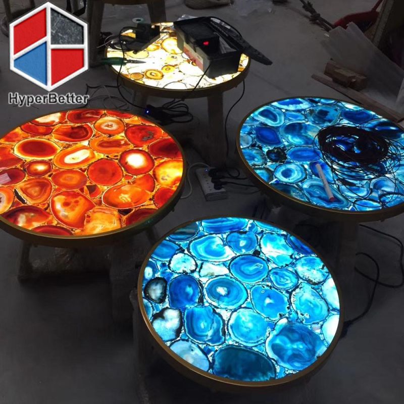 Blue Agate Coffee Tables Round with LED Light Inside