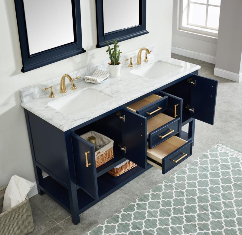 Navy Blue Undermount Double Sink Bathroom Vanity with Carrara White Natural Marble Top
