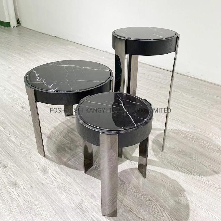 Modern Living Room 3PCS 1 Set Coffee Table Black Natural Marble Round Coffee Table Set Furniture Hotel Furniture