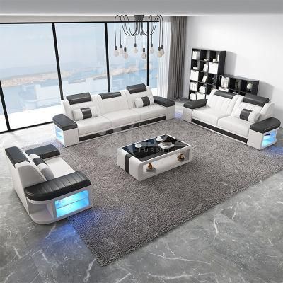 New European Design Home Living Room Smart Furniture Top Grain Leather Sofa Set with LED