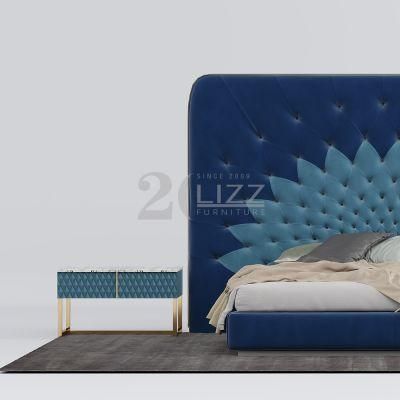 Unique Pattern Design Contemporary Bedroom Bed Furniture Dubai Luxury King Size High Headboard Blue Fabric Bed