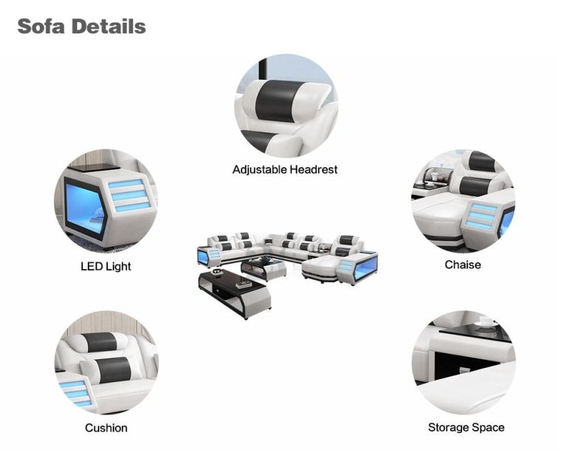 Promotion Event Functional Home Furniture Sectional LED Genuine Leather L Shape Sofa Furniture with Coffee Table