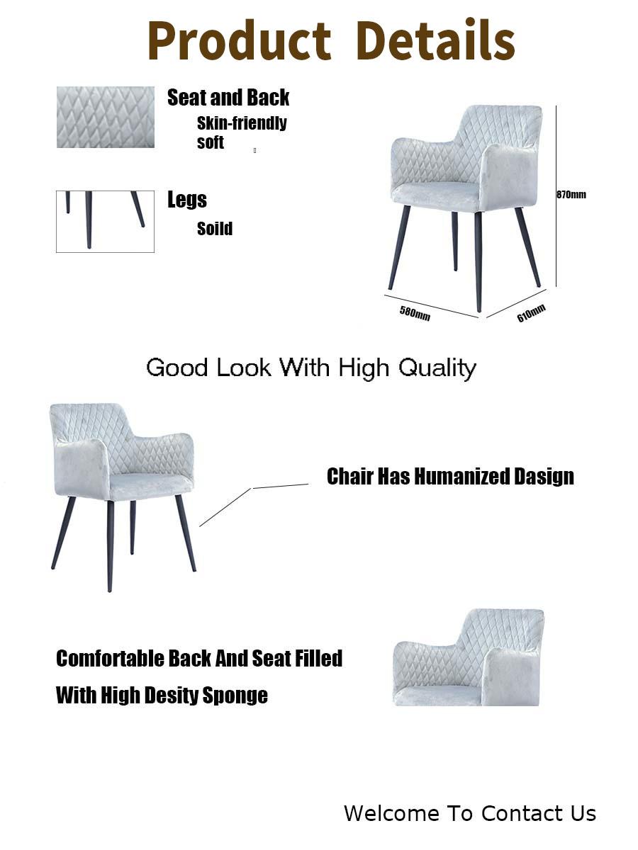Nordic Modern Home Furniture Grey Velvet Fabric Arm Dining Chair with Metal Legs