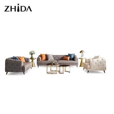 Zhida Wholesale Home Furniture Luxury Style Villa Velvet Couch Set Living Room 1 2 3 Seater Fabric Tufted Sofa with Solid Wood Leg