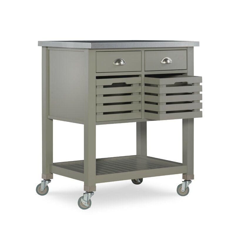 American Home Styles Gray UV Painting 2-Drawer Wood Kitchen Cart with Stainless Steel Top