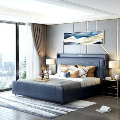 Modern Luxury High Back Blue Leather King Size Bed for Bedroom Furniture Set