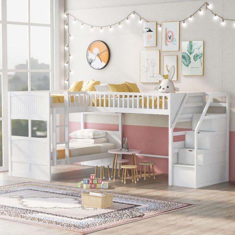 Three Double L Bunk Beds with 2 Drawers and 2 Ladders