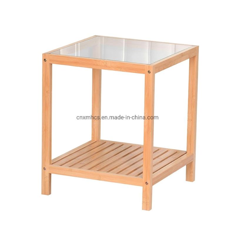 Square Glass Side Table Bamboo End Tables with Storage Shelf Snack Coffee Table/ Living Room/Office/Bed Room