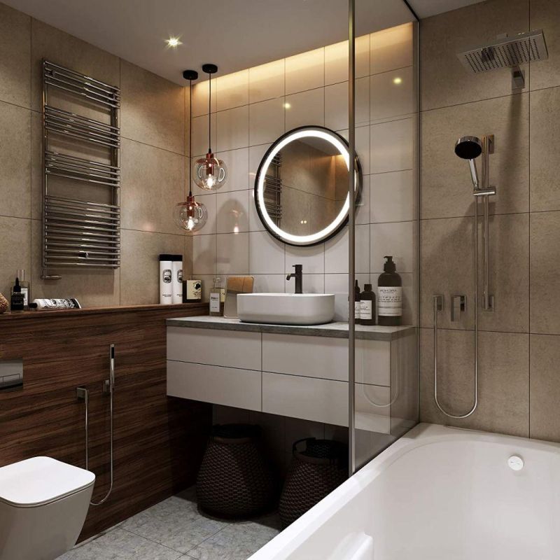 Round LED Lighting Bathroom Mirror, Black Frame, Wall Mounted Dimmable Memory Button, Waterproof