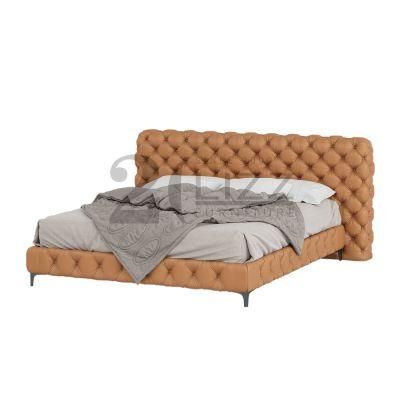 Tufted Button Design Stainless Steel Leg Hotel Home Furniture Modern Style Bedroom Yellow Genuine Leather Bed