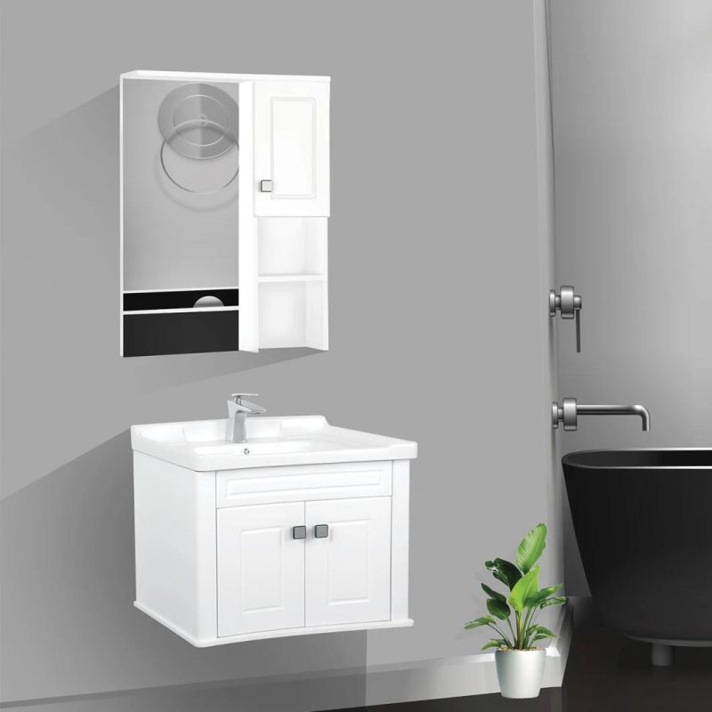 Black and White PVC Bathroom Cabinet with Mirror and Ceramic Sink