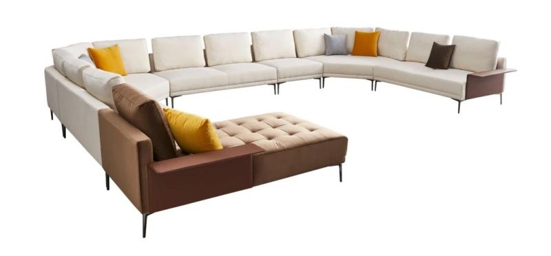 Zhida Home Furniture Italian Design Villa Living Room Modern Modular Couch Set Fabric L Shape Sectional Sofa with Leather Armrest