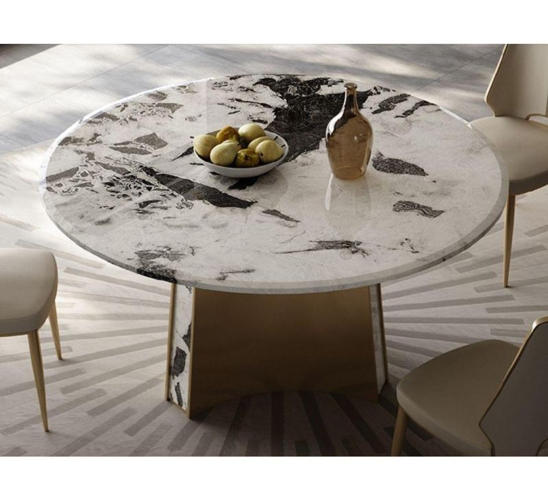 Modern New Design Hot Sale Luxury Dining Room Furniture Natural Marble Top Stainless Steel Frame Golden Round Dining Tables and Chairs
