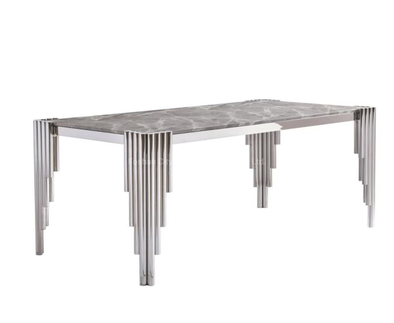 Popular Dining Table Silver Color with Artificial Marble Top