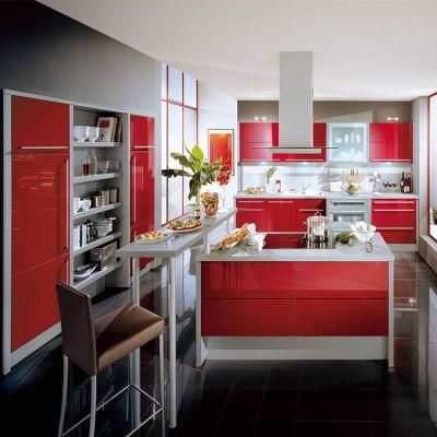 Modern Hotel Project Gloss Lacquer MDF Kitchen Cabinetry Design High Glossy Red Finish Kitchen Cabinet