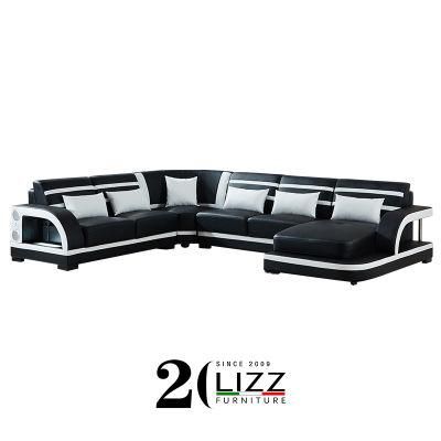 High Quality Italian Leather Modern Style Home Furniture U Shape Corner Sofa with Coffee Table