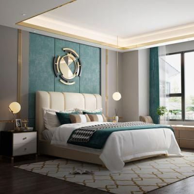 Modern Luxury Home Leather Metal Beige Queen Wooden Bedroom Furniture King Size Bed