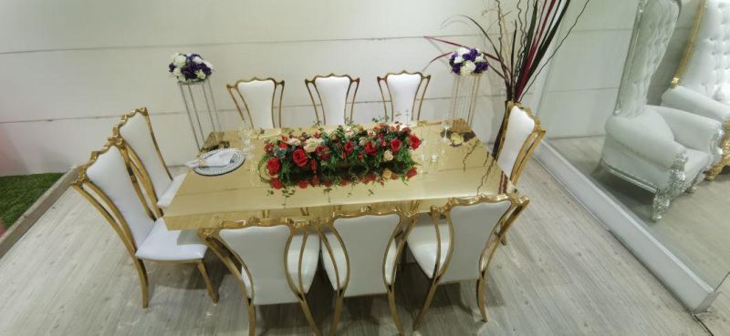 Latest Style Wedding Furniture Half Moon Gold Stainless Steel Legs White MDF Table