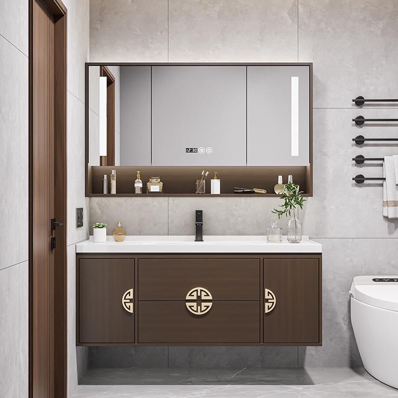Retro Floor Mounted Ceramic Wash Basin Sink Bathroom Furniture LED Mirror Cabinet Wood Vanity Cabinet with Ceramic Sink and Marble Top