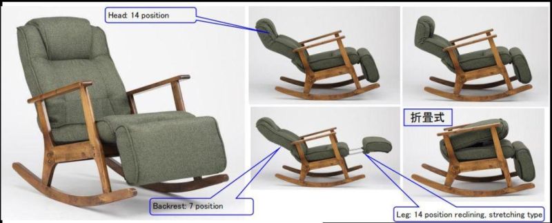 Dark Green Fabric Backrest Adjustable Folding Armest Rocking Chairs with Footrest for Reading, Relax, Sleep