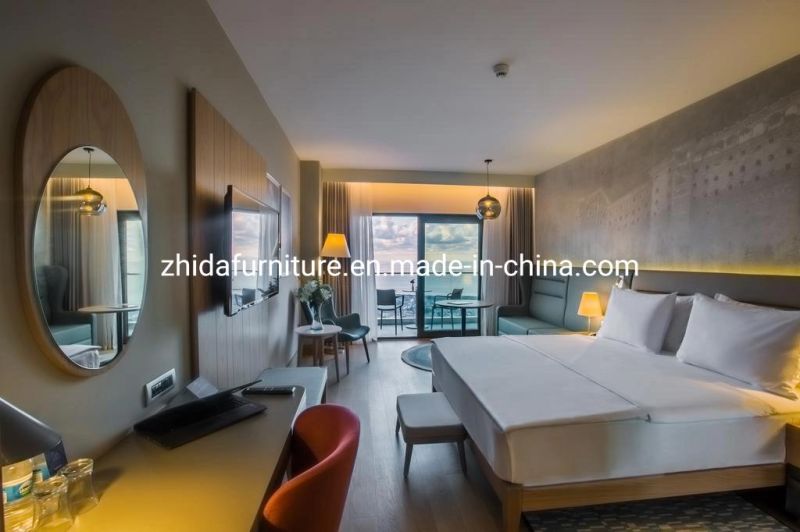 Antique Style Wood Hotel Apartment Furniture Living Room Guest Bedroom Double King Size Wooden Bed with LED Light Headboard Wall