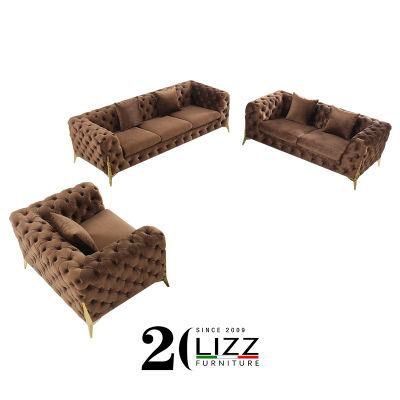 Living Room Chesterfield Furniture Tufted Curved Velvet Fabric Sofa Set
