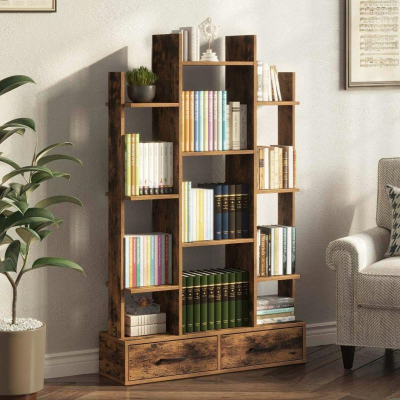 Bookshelf with 2 Wooden Drawers, Rustic Wood Bookshelves, Free Standing Book Shelf Industrial Shelf Free Standing Storage Shelf for Bedroom, Living Room