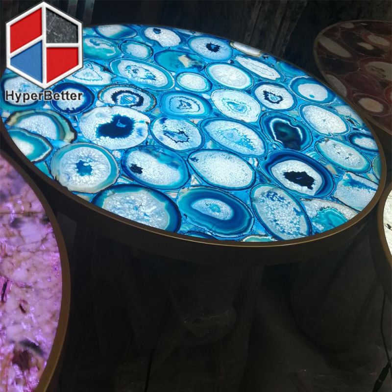 Blue Agate Coffee Tables Round with LED Light Inside