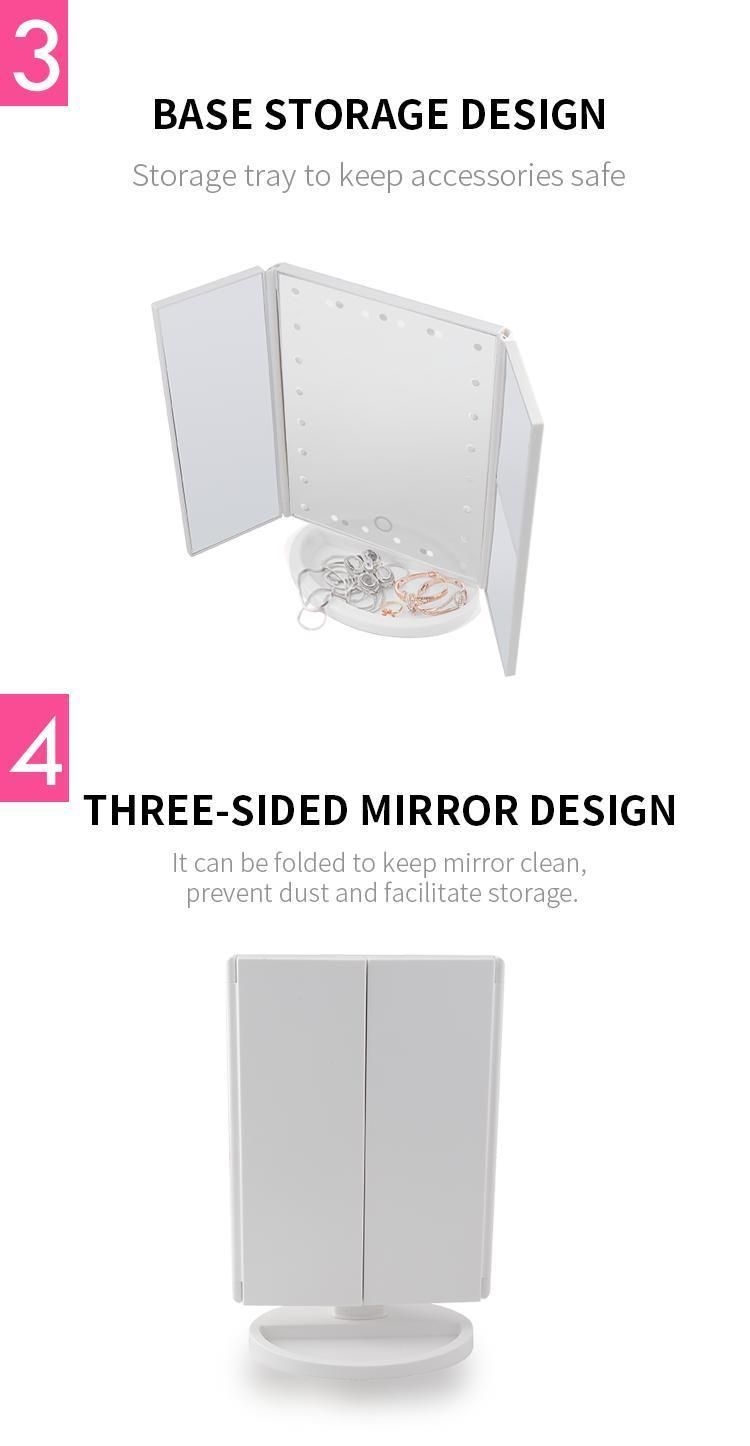 Pritech OEM Customized 21 LED Light USB Charge Battery Powered Folding Cosmetic Makeup Mirror