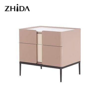 Zhida Bedroom Furniture Luxury Italian Style Bedside Table High Density Board Modern Simple Design Villa Double Drawer Metal Leg Nightstand