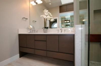 MID-Sized Modern Master Bathroom Slab Panel Medium Wood Vanity Cabinets