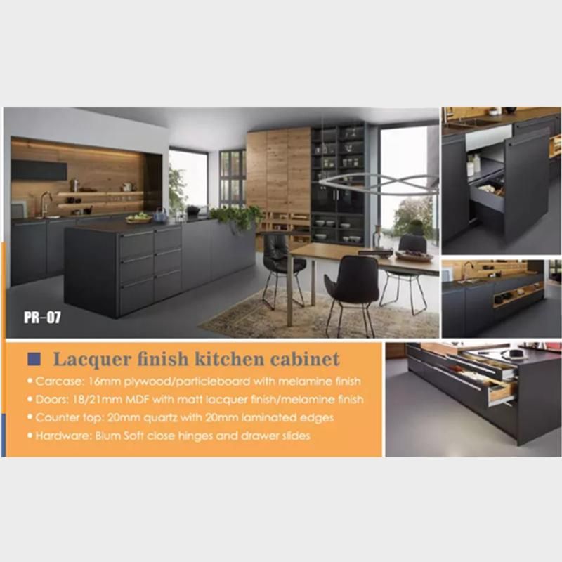 Steel Black Handleless Lacquer PVC Kitchen Cabinet with Big Island