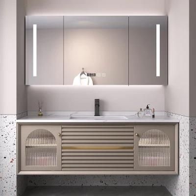 Exquisite Exterior Design Wall Mounted Irregular Design Galss Door Bathroom Vanity Cabinet with LED Mirror
