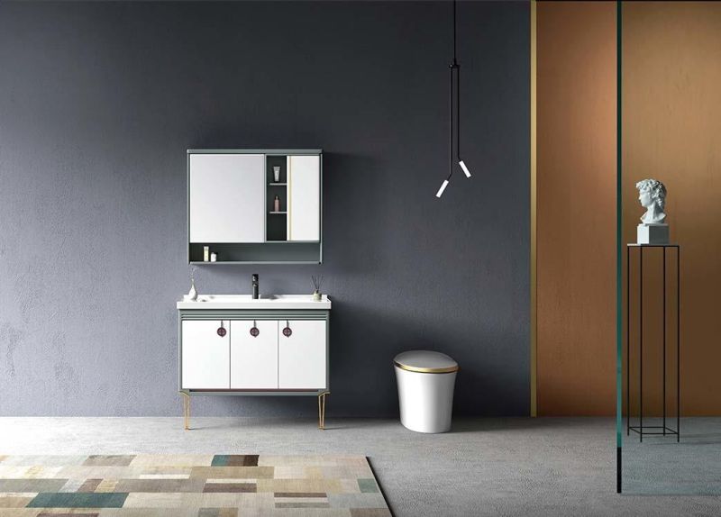 Modern White Wood Grain PVC Coated Bathroom Furniture Cabinet
