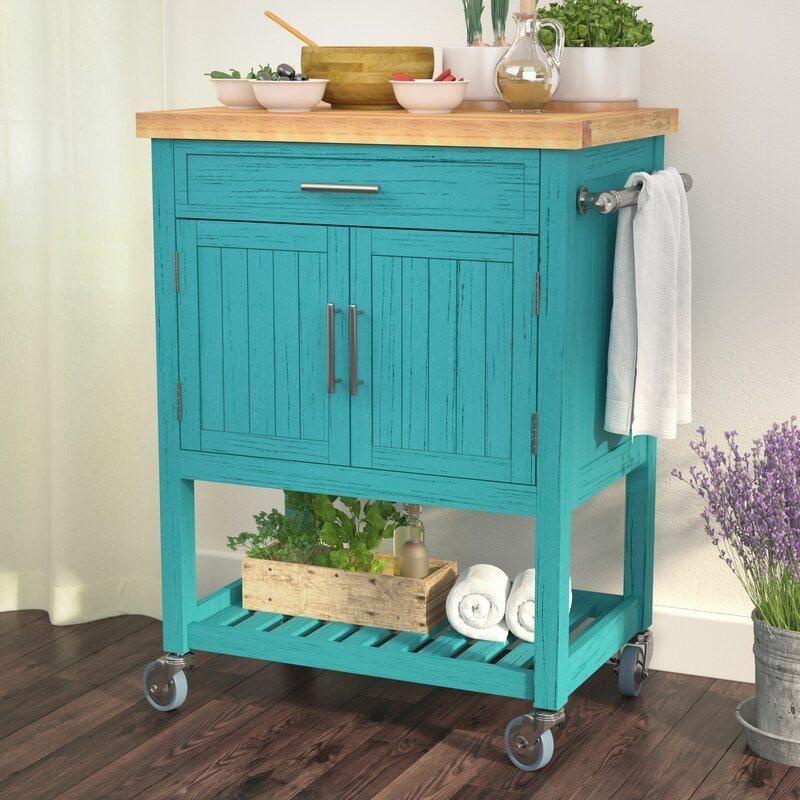 Antique Home Styles Rubber Wood Top Kitchen Cart Butcher Block with 1 Door 1 Drawer