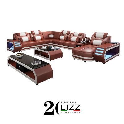 Modern Style Genuine Leather Sofa Couch with LED Light for Apartment Furniture