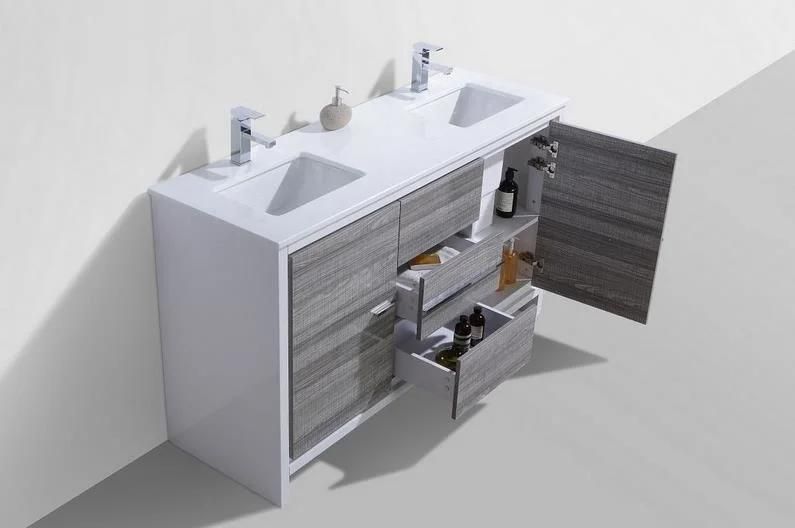60 Inch Grey Floor Mounted MDF Double Sink Bathroom Vanity
