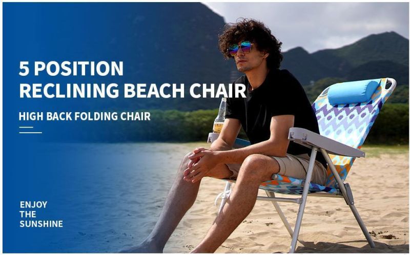 Folding Beach Chair 5 Position Lay Flat, Portable Camping Chair with Cup Holder for Outdoor/Lawn/Trip/Picnic/Fishing, Lightweight Foldable Sand Chairs for Adult