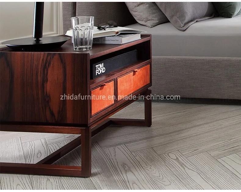 Hotel Walnut Wooden Nightstand in Suede Leather