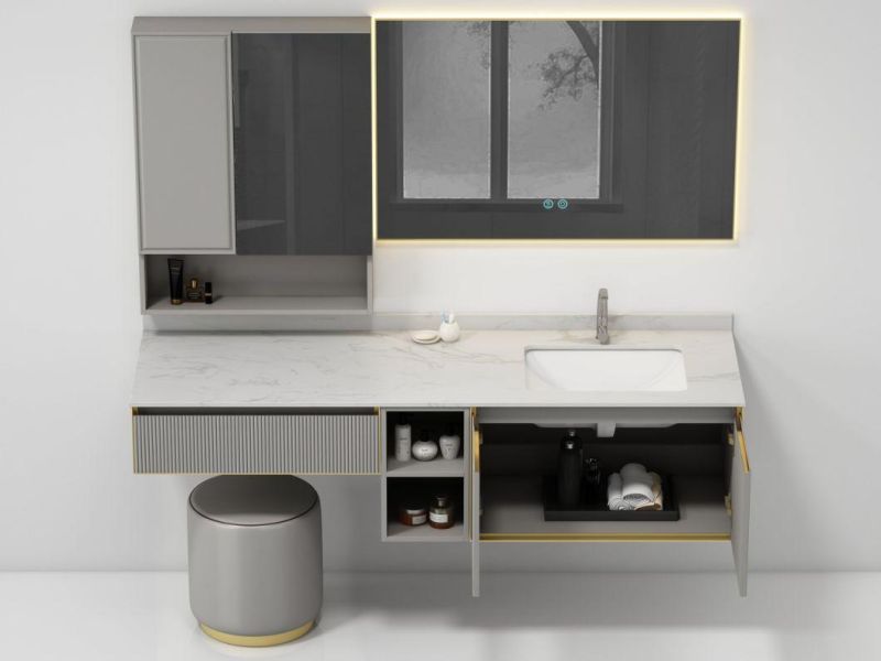 Gray Melamine Bathroom Vanity with LED Round Mirror