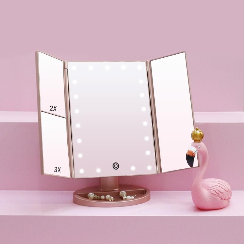 New Items 3 Sides Beauty Standing Cosmetic Hair Salon Makeup LED Mirror