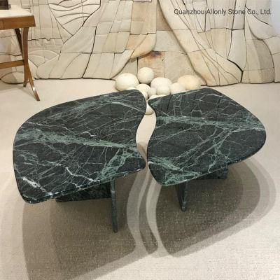Modern Polished Verde Alpi Green Marble Irregular Stone Shape Design Coffee Table for Hotel and Home