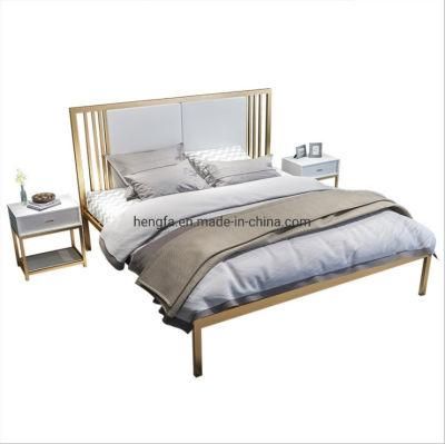 China Factory Modern Design Bedroom Furniture Leather Headborard Steel King Bed