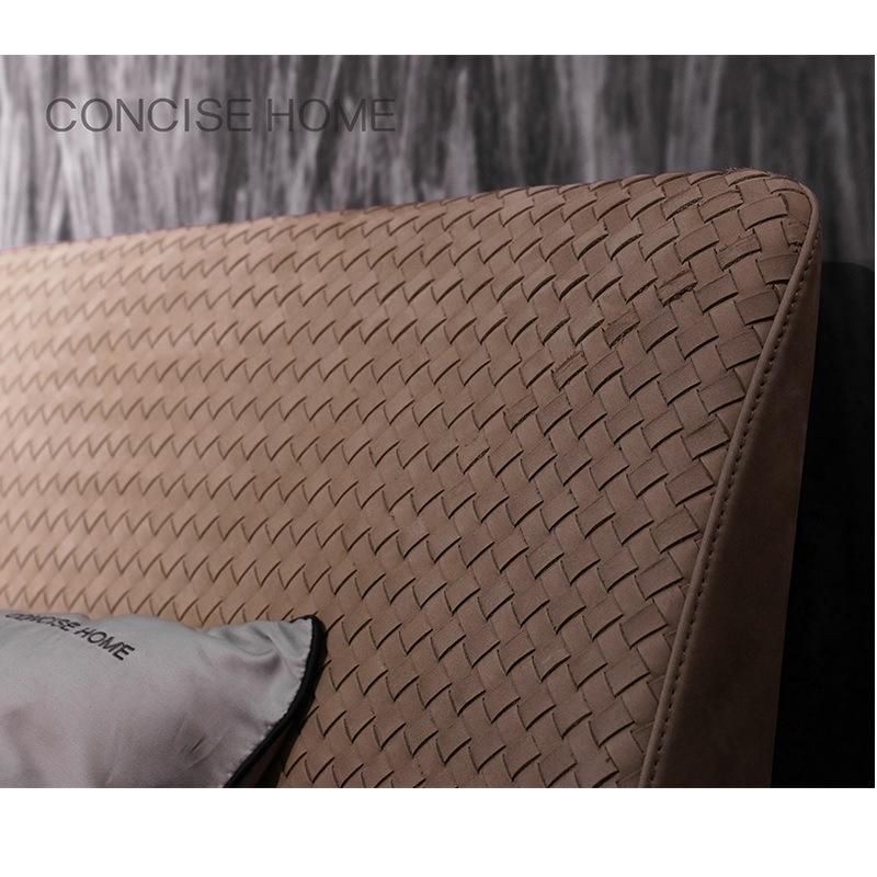 Concise Home Bedroom Furniture Woven Heardboard Solid Wood Frame Genuine Leather Bed