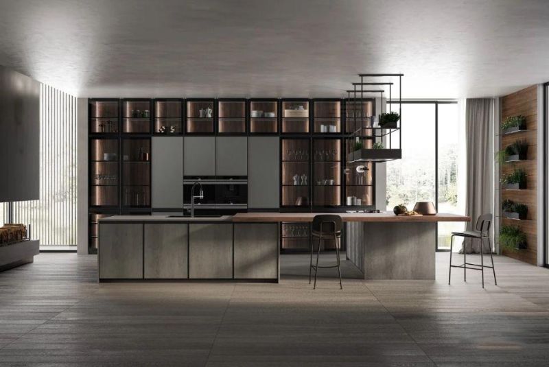 Overall Custom Open Quartz Stone Countertops Whole House Decoration U-Shaped Metal Kitchen Cabinet