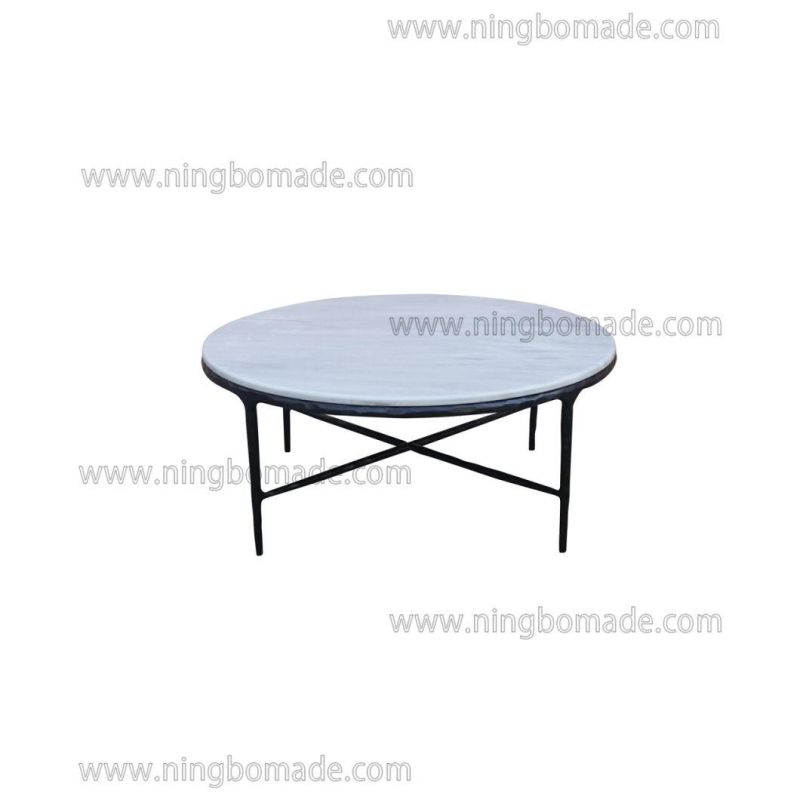 Thaddeus Sculptural Forged Collection White Cloud Marble Top Antique Black Solid Metal Base Round Coffee Table