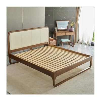 Modern and Simply Unique Design Ash Solid Wood with PU Leather Double Bed for Bedroom