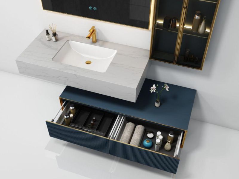 White and Navy Blue Melamine Bathroom Cabinet with Mirror Cabinet